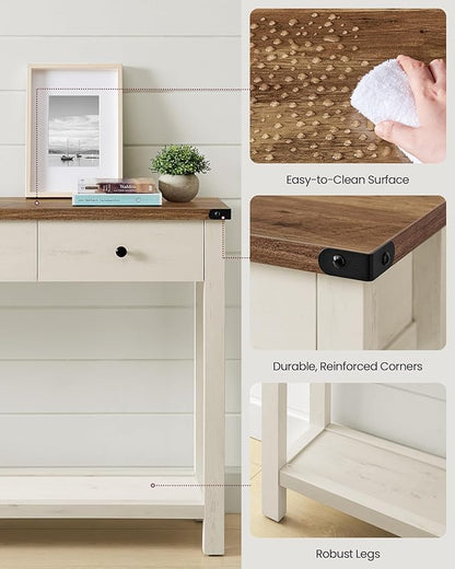 VASAGLE Console Table, Sofa Table, Narrow Entryway Table, Entry Table with 3 Drawers, Open Storage Shelf, Metal Corners, for Living Room, Farmhouse Style, Honey Brown and Rustic White ULNT142WJ02S