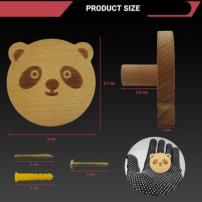 4PCS Wooden Panda Shaped Cabinet Knobs, Cabinet Handles, Single Hole Beech Wood Handles, Wood Hooks with Full Set of Screw Accessories