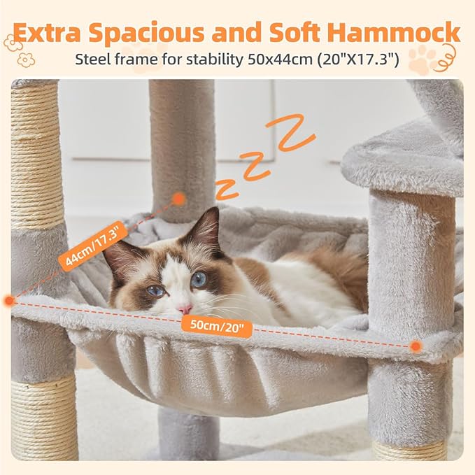 Taoqimiao Cat Tree 57.5-Inch, Cat Tower for Indoor Cats Large Adult, Extra Large Cat Condo, 8 Sisal Scratching Posts, Metal Frame Cozy Hammock, Durable Scratch Board, 2 Top Perches, Light Gray MS026W-Mewly Pet