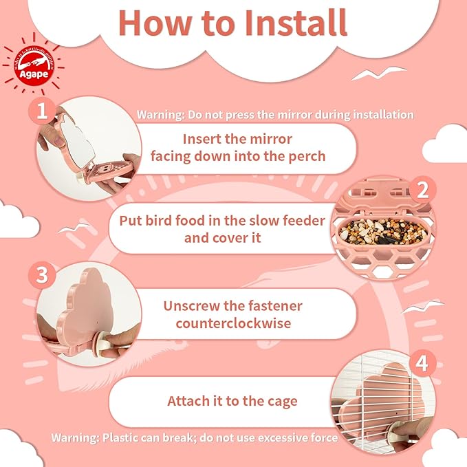 Agape Bird Mirror for Cage， Bird Toys with Perch and Slow Feeder to Expend Energy, Small Parrot Swing, Interactive Toys for Cockatiel, Lovebird, Parakeet, Conure, Finch, and Budgies-Mewly Pet