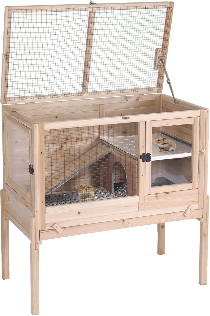 Aivituvin Wooden Guinea Pig Cages Indoor with Removable Stand, Anti Chewing Rabbit Hutch with Ramp and Wire Mesh, 2 Story Small Animals House Habitat with Pull Out Tray (Light Natural Wood)-Mewly Pet