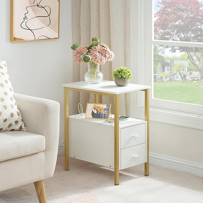 HOOBRO End Table with Charging Station, Narrow Side Table with 2 Drawer & USB Port & Power Outlets, Nightstand for Small Spaces, Stable and Sturdy, for Living Room, Bedroom, Gold and White DW541BZ01