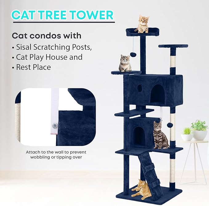 FDW Cat Tree 70in Cat Tower Multi-Level Durable Cat Scratching Post & Cozy Fun Cat Jumping Platform Space Saving Cat Condo Pet Play House for Indoor Cats,Navy Blue-Mewly Pet