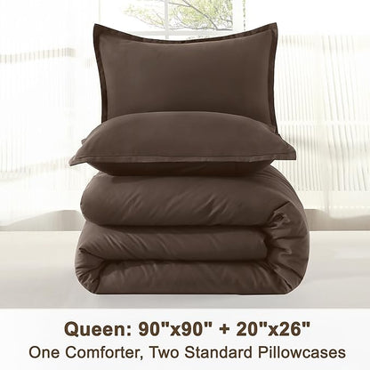 Litanika Comforters Queen Size Chocolate, 3 Pieces Lightweight Solid Bedding Set & Collections, All Season Fluffy Bed Set (90x90 Inches Comforter & 2 Pillowcases)