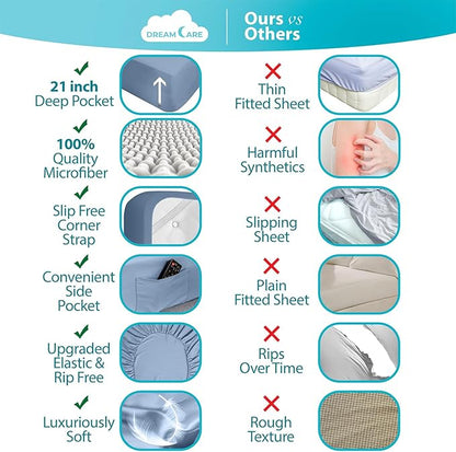DREAMCARE Twin Sheets - 3pcs Cooling Sheets up to 21' Extra Deep Pocket Twin Bed Sheets - Twin Sheet Set - Soft & Long Lasting 100% Fine Brushed Polyester with Side Pocket - L Blue