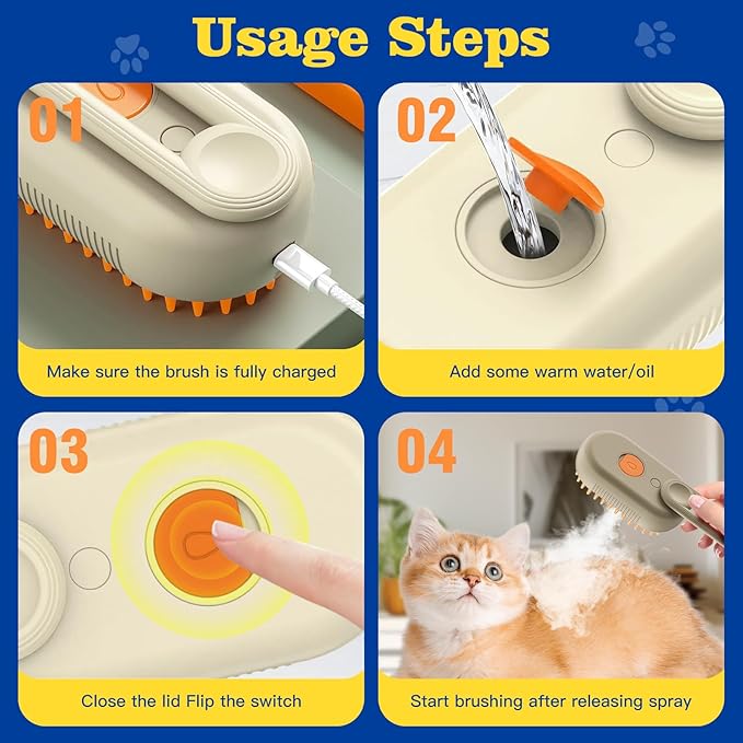 Cat Steam Brush for Shedding with Foldable Handle 4 in 1 Rechargeable Steam Brush for Cats and Dogs,Haired Pets Spritz Defur Comb for Cats Pet Spray Grooming Tool for Hair Removal & Massage-Mewly Pet