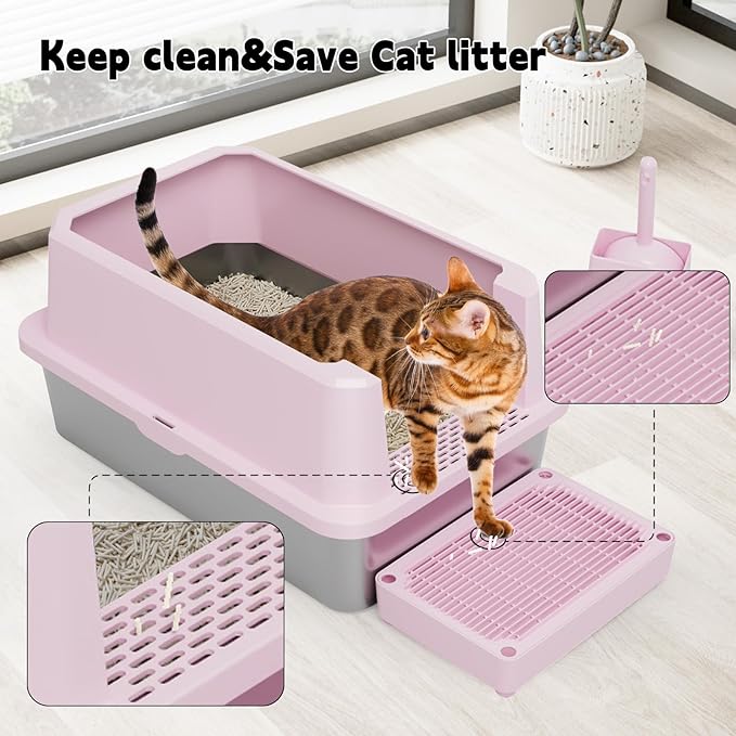 RIZZARI Stainless Steel Cat Litter Box, Semi-Closed Litter Box with High Edges, Large Odorless Litter Pan with for Small to Large Cats (Pink, 1 Pack)-Mewly Pet