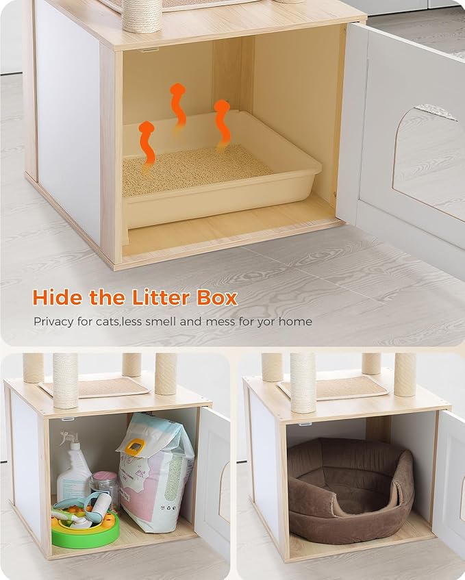 Tall Cat Tree with Litter Box Enclosure 56.7" Wooden Cat Tower for Large Cats with Cat Hammock House Bed (Wood Beige)-Mewly Pet