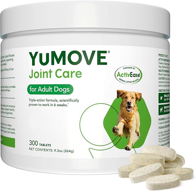 Yumove Hip & Joint Supplement for Dogs with Glucosamine, Hyaluronic Acid, Green Lipped Mussel & Omega 3 Joint Supplement - Regular and Advanced Strength (300ct, Chewable Tablets)-Mewly Pet