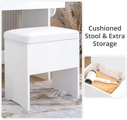 IRONCK Vanity Desk with LED Lighted Mirror & Power Outlet, Makeup Table with Drawers & Cabinet,Storage Stool, White