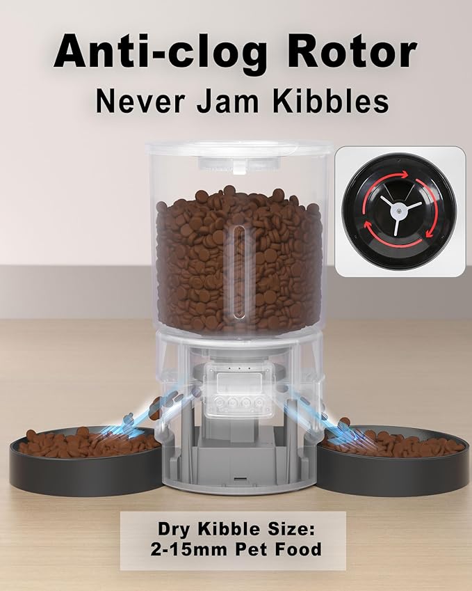 Dual Automatic Cat Feeder 2 Cats,6 Meals/Day,12 Portions/Meal,4.2L Dual Power Double Bowls Feeder,Dry Food Auto Pet Dispenser,10S Voice Record,Flexible Schedule Timer (Black,Basic Dual Bowls)-Mewly Pet