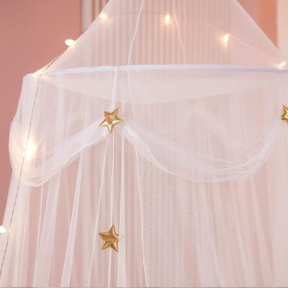 Bed Canopy with Lights for Girls,Gold Star Princess Crib Canopy Curtains,Extra Large Dome Mosquito Net Reading Nook Canopy for Kids Boys Twin Full Queen Size Bed,Fire Retardant Fabric