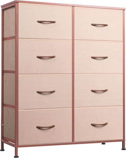 WLIVE Fabric Dresser for Bedroom, Tall Dresser with 8 Drawers, Storage Tower with Fabric Bins, Double Dresser, Chest of Drawers for Closet, Playroom, Dormitory, Pink and Rose Gold