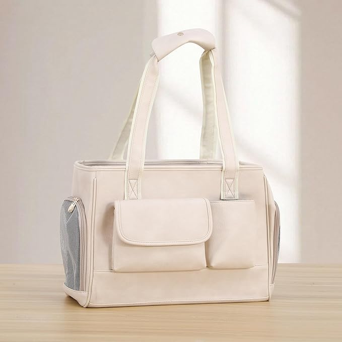 Dog Carrier Purse, Fashion Leather Pet Carrier Bag, Airline Approved Soft Sided Cat Travel Tote Bag with Pockets White-Mewly Pet
