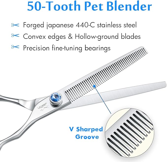 JASON 7" 50 Teeth Thinning Dog Grooming Blending Scissor, Ergonomic Pet Grooming Thinner Blender Shears Cat Trimming Texturizing Kit with Offset Handle and a Jewelled Screw, 30% Thinning Rate-Mewly Pet