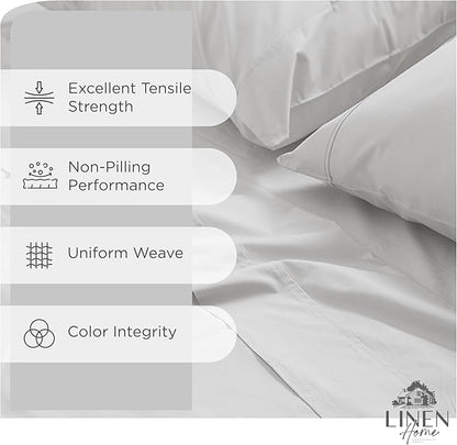 Linen Home 100% Cotton Percale Sheets King Size, Silver, Deep Pocket, 4 Pieces Set - 1 Flat, 1 Deep Pocket Fitted Sheet and 2 Pillowcases, Crisp Cool and Strong Bed Linen