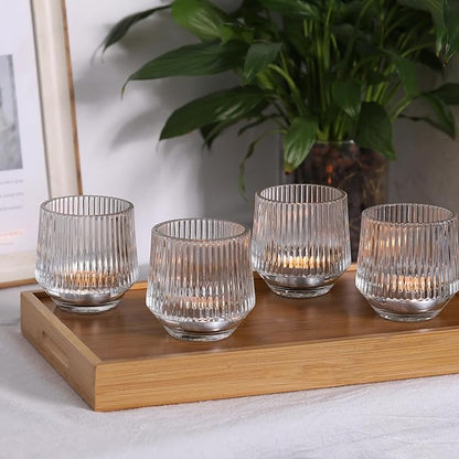 12 Pcs Large Glass Votive Candle Holders- 3.15"×3.15" Ribbed Candle Holders for Tealight Candles, Votives, Floatings, Tea Lights Candle Holders for Table Centerpieces, Wedding Table Decor