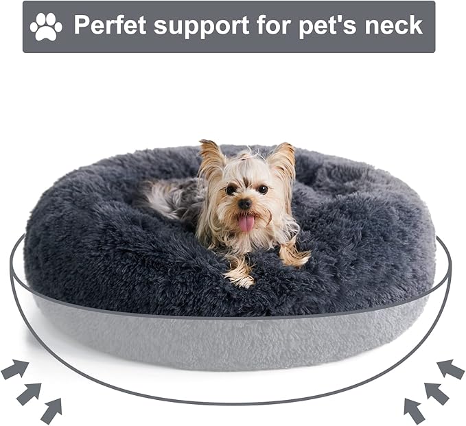 WNPETHOME Calming Dog Bed & Cat Bed, Anti-Anxiety Donut Small Dog Beds, Fluffy Faux Fur Cat Cushion Dogs Beds for Small Dogs and Cats (20 x 20 x 8 Inch, Navy Grey)-Mewly Pet