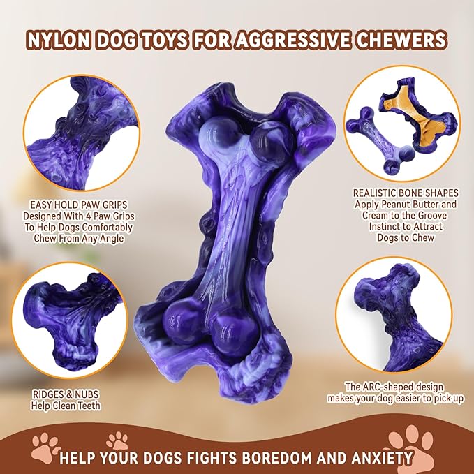 Magicorange Tough Dog Toys, Chew Toys for Aggressive Chewers, Dog Bone Toy Nylon Almost Indestructible Dogs Toy for Teeth Cleaning and Training (Purple)-Mewly Pet