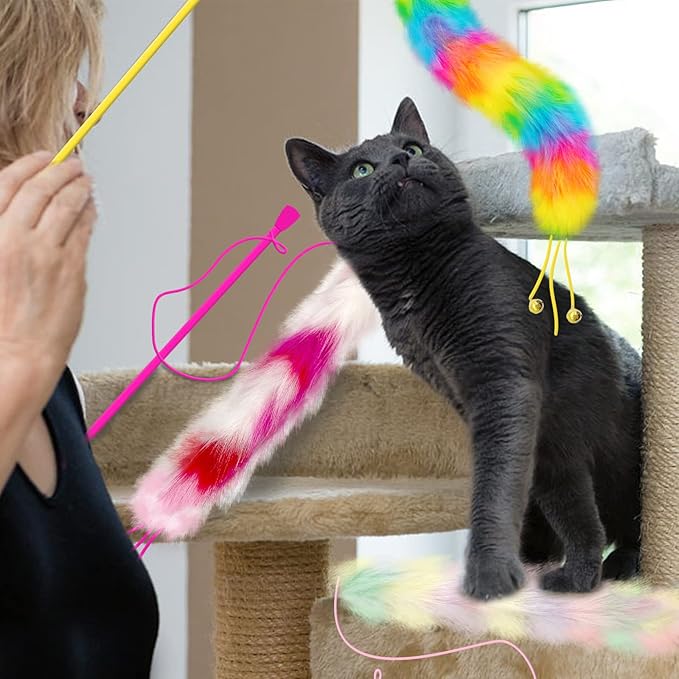 3 Pack Cat Wand Toy, Rainbow Cat Feather Toys with Bells, Teaser Wand with Soft Furry Tail, Interactive Toys for Indoor Cats & Kitten & Kitty-Mewly Pet