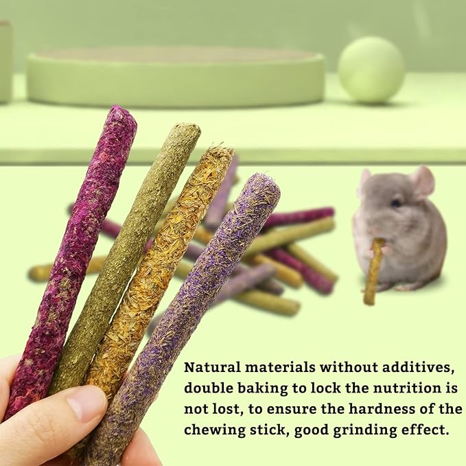 Fhiny 68 PCS Rabbit Chew Sticks, Natural Petals Timothy Hay Sticks Guinea Pig Chewing Toys for Teeth Small Animals Molar Snacks for Bunny Guinea Pig Chinchilla Hamster-Mewly Pet