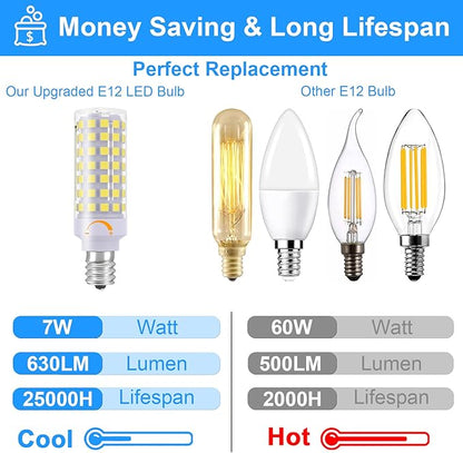 E12 LED Candelabra Bulbs Dimmable, 7W C7 Bulb Equivalent to E12 Halogen Bulb 60W, Daylight White 6000K, T6 E12 Candelabra Base, AC120V E12 Light Bulbs for Ceiling Fan, Chandelier Lighting, 6 Pack