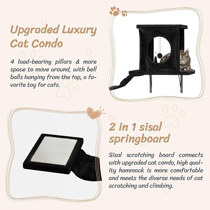 NUNU LAB Wall Mounted Cat Furniture, 7 Pcs Cat Wall Shelves with House, Tunnel, Bridge, Steps, Scratcher, Hammock, Bed, Indoor Safe & Stable Furniture for Kittens Play, Black-Mewly Pet