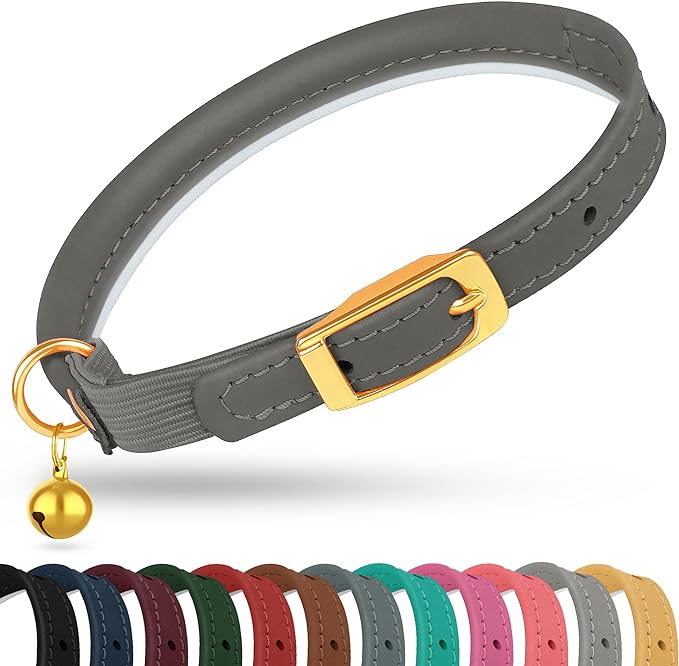 OOPSDOGGY Rolled Leather Cat Collar with Bell - Reflective Kitten Collar with Safety Elastic Strap - Adjustable Small Pet Collars for Boy Girl Cats (Graphite)-Mewly Pet