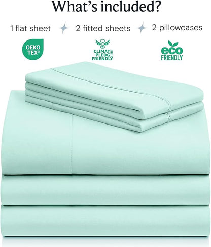 LuxClub 5 PC Sheet Set Bed Sheets Deep Pockets 16" Eco Friendly Wrinkle Free Cooling Machine Washable Hotel Bedding Silky Soft - Aquamarine Split King