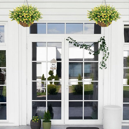 Artificial Hanging Flowers Basket for Outdoor, 16 Fake Flowers Look Real UV Resistant, Faux Hanging Plants for Porch, Balcony, Patio, Garden, Spring Summer Decor,Yellow