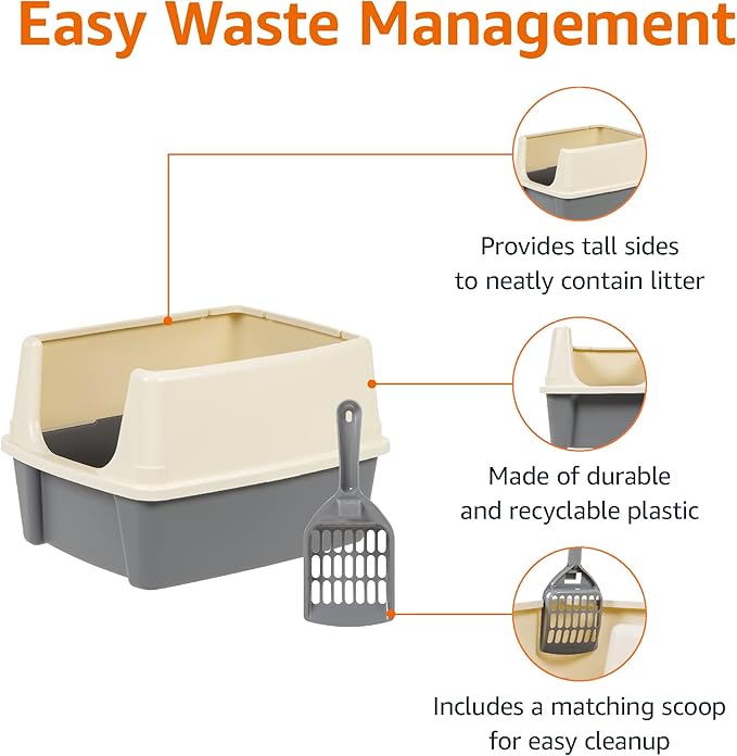 Amazon Basics Large Cat Litter Box with High Sides, Open Top, Includes Scoop, 19 x 15 x 11.75 inches, Grey/Beige-Mewly Pet