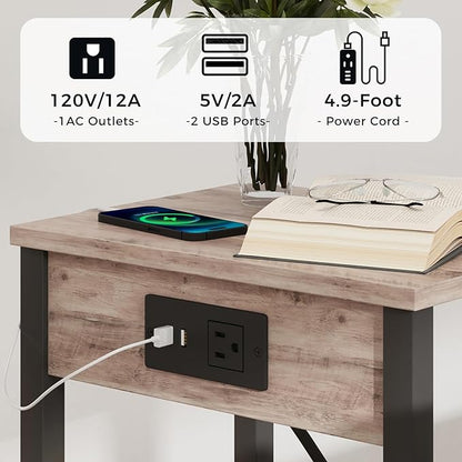 VIMBER Set of 2 End Table with Charging Station, Narrow Side Table with USB Ports and Outlets, Nightstands with 2-Tier Storage Shelves, Sofa Table for Small Space Living Room Bedroom, Greige