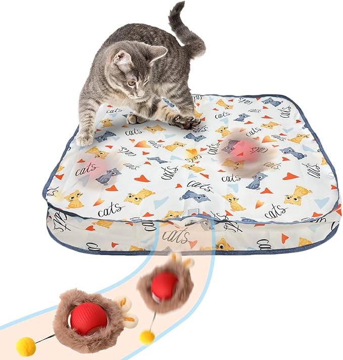 Rocfish Interactive Cat Toys Ball - Automatic Fast Rolling Ball in Play Mat, Hide and Seek Mouse Catching Game, Low-Noise Cat Enrichment Toys in Pouch for Indoor Bored Cats (Red Toy & Square Mat)-Mewly Pet
