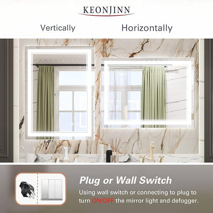 Keonjinn LED Mirror 24 x 32 Inch, Lighted Bathroom Vanity Mirror for Wall, Fronlit Only, HD Tempered Glass, UL-Listed LED Driver, Anti-Fog, Dimmale 6000K, Easy Installation(Horizontal/Vertical)