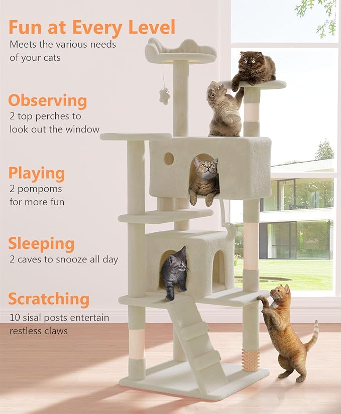 60'' Cat Tree Tower for Indoor Cats Large Adult,Cute/Tall Modern Cat Tree for Big Cats 20 lbs, Plush Multi-Level Cat Condo with Scratching Posts, Dangling Ball Indoor (Beige, 60 inch)-Mewly Pet