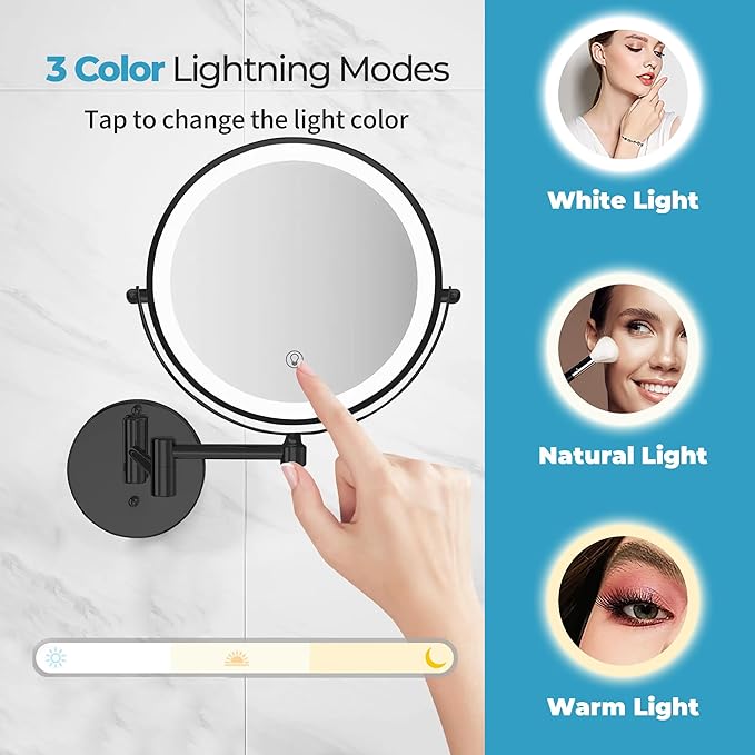 Fab Glass and Mirror Rechargeable 8" Lighted Vanity Makeup Mirror, Dual-Sided 1X/10X Magnification with 3 Color LED Touch Control, Dimmable & Rotating Wall Mounted Design (Black)