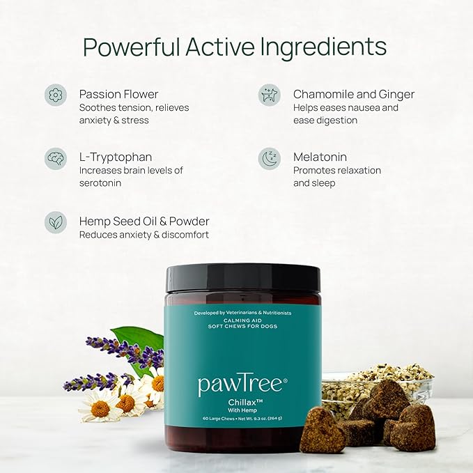 pawTree Chillax - Natural Calming Hemp Chews. Veterinarian-Developed Formula Helps Relieve Stress and Tension, Separation Anxiety and Soothe Fear from Storms - Large Soft Chews for Dogs (60 Count)-Mewly Pet