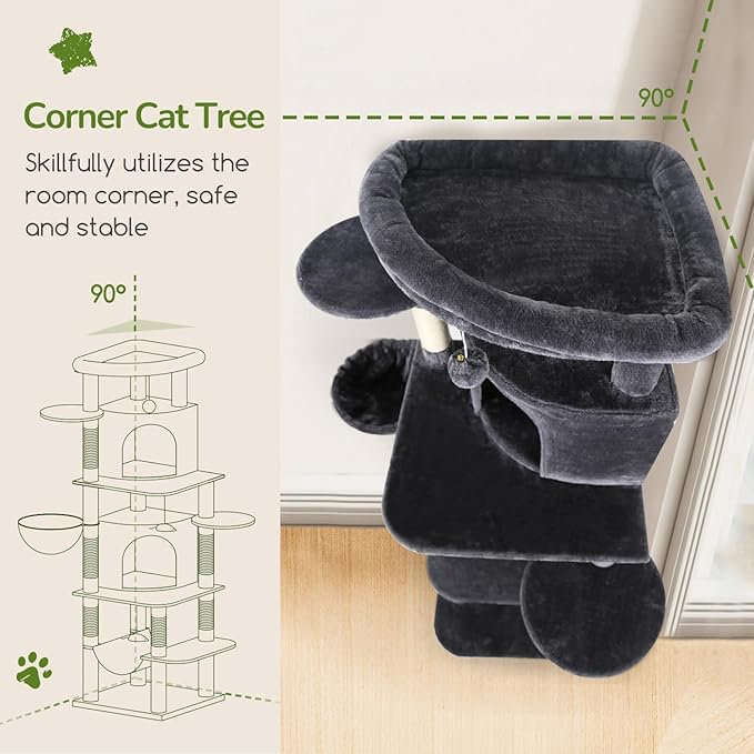 Globlazer Corner Cat Tree for Large Cats, 66inch Tall Curved Series Large Cat Tower for Multiple Indoor Cats with 6 Scratching Posts, 2 Spacious Cat Condos, Hammock, Hanging Basket, C66, Dark Grey-Mewly Pet