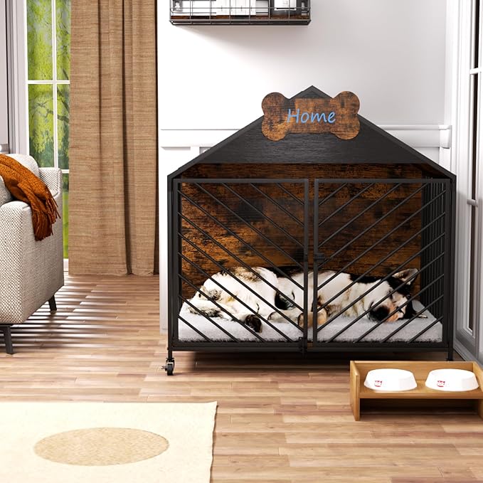 Furniture-Style Dog Crate with Gable Roof Design, Double Locking Doors Indoor Kennel for Small & Medium Dogs, Chew-Proof Escape-Proof Dog Cage, Rustic Brown-Mewly Pet