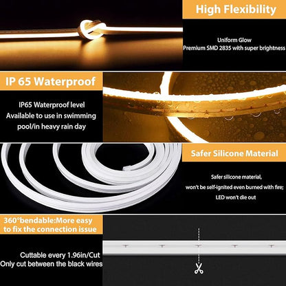 Lamomo LED Strip Lights, Tunable White Neon Rope Lights with Remote, 32.8Ft Dimmable 3000K-6000K Flexible Led Light Strip, Waterproof Silicone 24V Neon Lights for Bedroom Home Decor Warm White