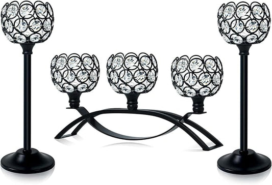 Crystal Tealight Candle Holder Centerpiece Home Decorative Candlestick Holder Elegant Table Centerpiece Home Decor Wedding Party Anniversary (Black, Set of 3)