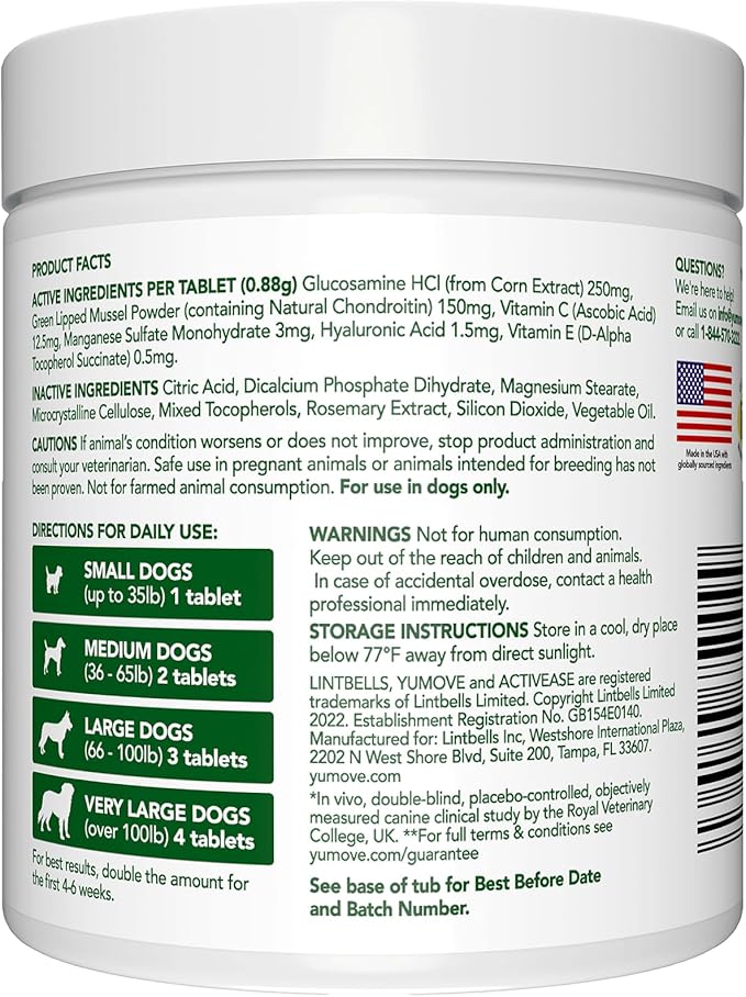 YuMOVE Hip & Joint Supplement for Dogs with Glucosamine, Hyaluronic Acid, Green Lipped Mussel & Omega 3 Joint Supplement - Regular and Advanced Strength (120ct, Chewable Tablets)-Mewly Pet