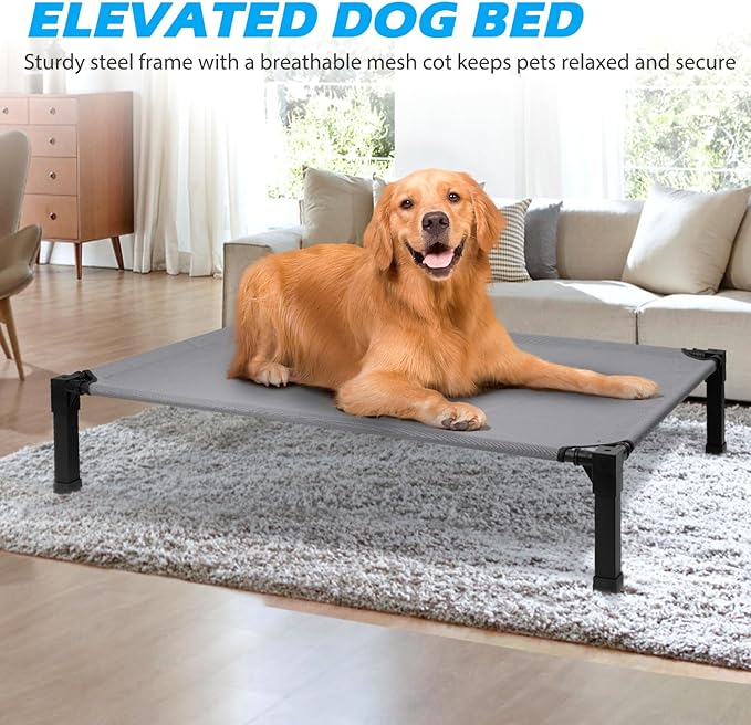 Heeyoo Elevated Dog Bed, Cooling Raised Pet Cot with Chew Proof Washable Breathable Mesh and Metal Frame, Portable Dog Cot Bed with No-Slip Feet for Outdoor or Indoor Use-Mewly Pet