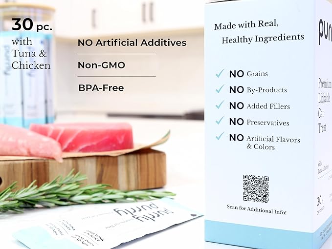 Purrly Lickable Cat Treat Healthy Human-Grade Tuna & Turkey with L-Lysine & Astaxanthin for Immunity (30 Count) Soft Healthy Low Calorie Hydrating Interactive Snack-Mewly Pet