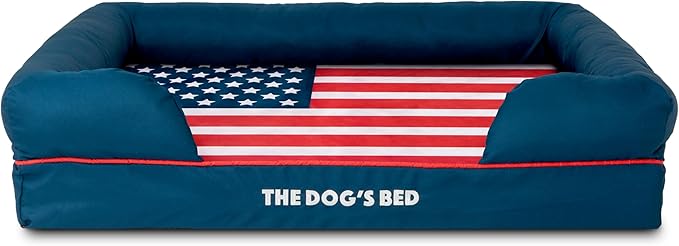 The Dog’s Bed, Large Blue Oxford with Red Trim USA Flag Dog Bed with Central Flag 36x27 Memory Foam, Pain Relief: Arthritis, Post Surgery,Waterproof Washable Cover, Veterinary Approved-Mewly Pet