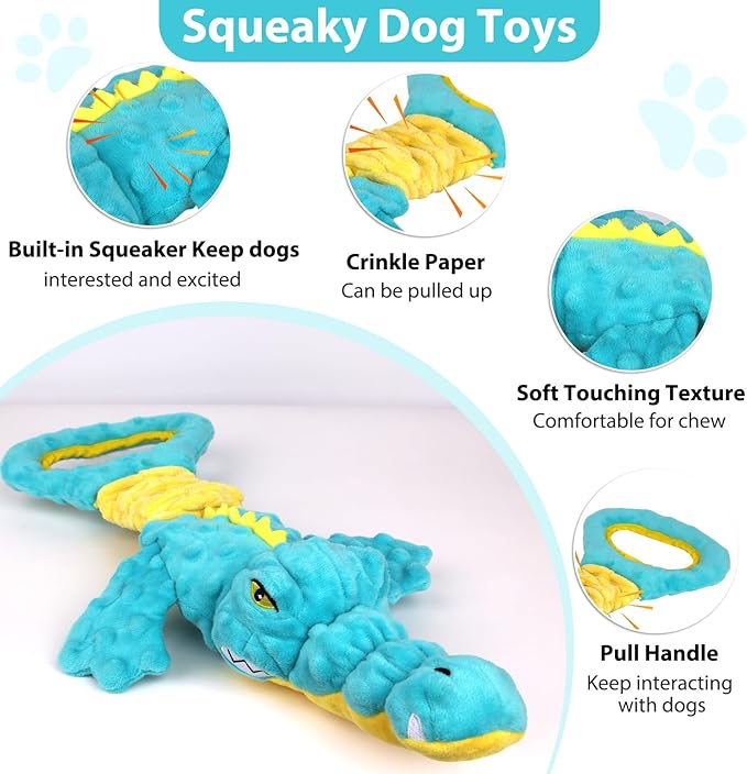 Dog Toys Cute Alligator Dog Toy Tough Plush Puppy Toy for Playtime, Training & Tug of War- Interactive Squeaky & Crinkle Chew Toy for Small to Large Dogs-Mewly Pet