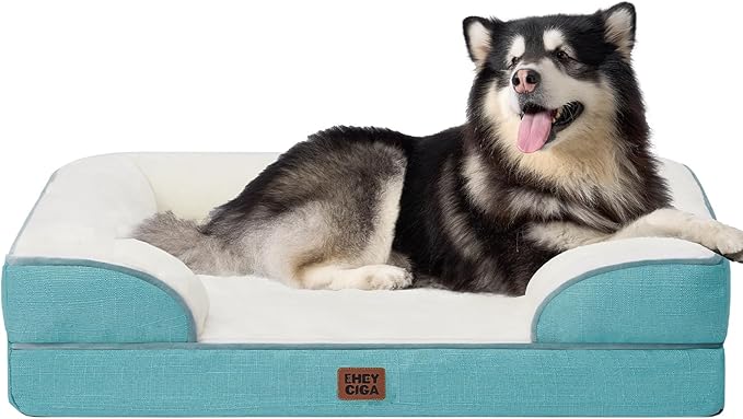 EHEYCIGA Orthopedic Dog Beds for Extra Large Dogs, Waterproof Memory Foam XXL Dog Bed with Sides, Non-Slip Bottom and Egg-Crate Foam Big Pet Couch Bed with Washable Removable Cover, Turquoise Blue-Mewly Pet