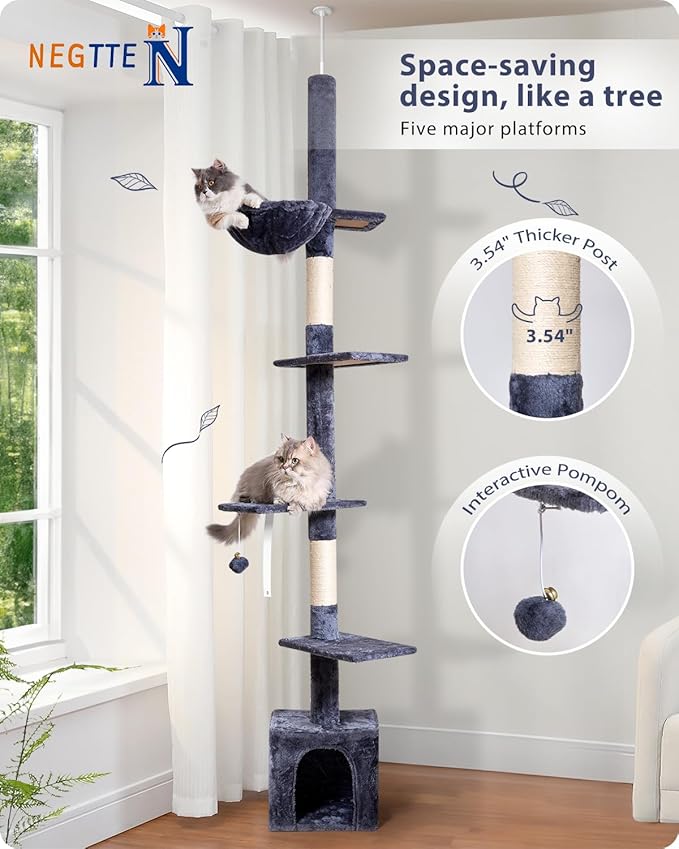 Floor to Ceiling Cat Tree, 5-Tier Height (95-109 inches) - Adjustable Cat Climbing Tower with Sisal Scratching Posts, Cat Condo, Hammock, Platforms, and Hanging Balls-Mewly Pet