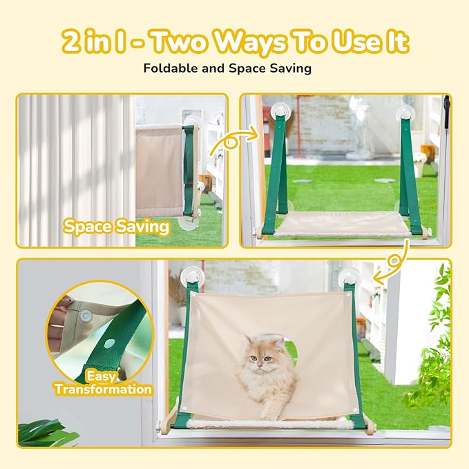 CATISM Cat Window Perch Foldable - Cats Hammock for Window, 2 in 1 Cat Window Hammock Bed for Indoor Cats, Cat Perch with Sturdy Screw Suction Cups for Kittens (Green)-Mewly Pet