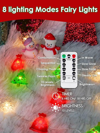 Christmas Decoration Lights, 10FT 30 LED Christmas Tree Snowflake Lucky Bag Fairy Lights Battery Operated with Remote, Twinkle String Light 8 Modes & Timer for Indoor Outdoor Xmas Party House Decor